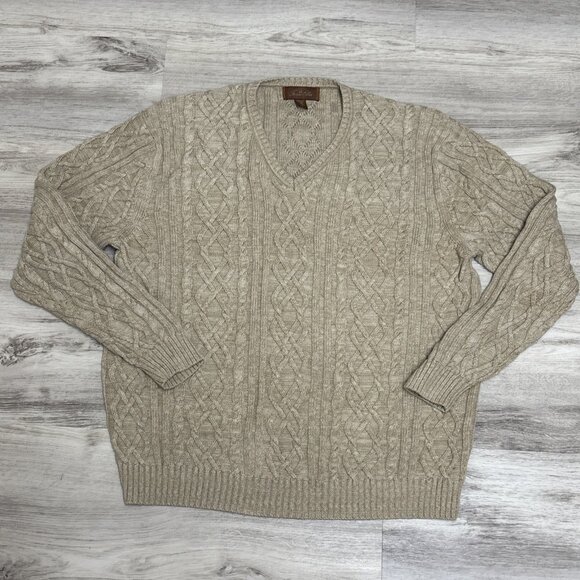 Tasso Elba Cable Knit Sweater Mens L Wheat 100% Cotton V Neck Heavy Pullover - Picture 5 of 9